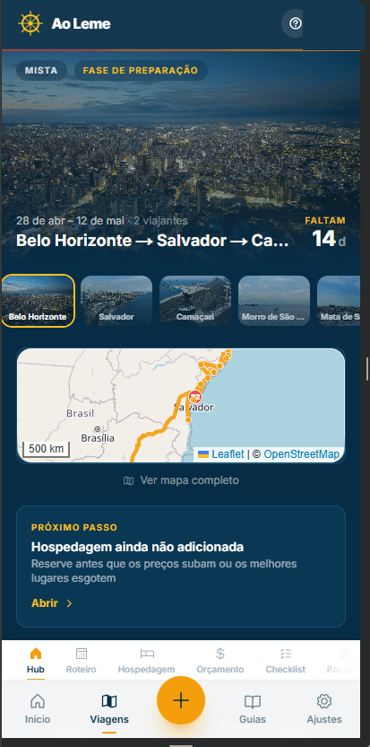 App Ao Leme exibindo o hub central de módulos da viagem